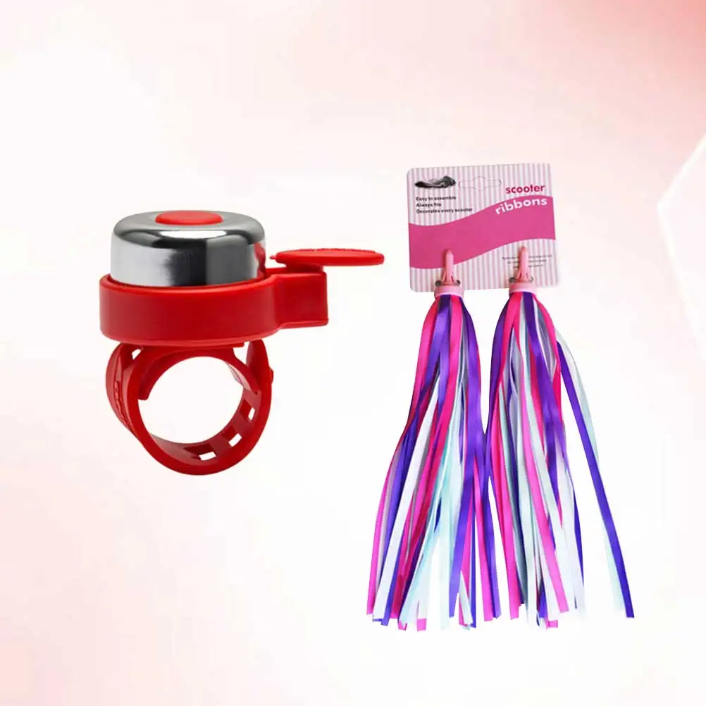 

2Pcs Carriage Bell Bindings with Shiny Tassels Fun Wind Dancing Ribbons for Child Bike Handlebar Decoration Set Purple Pink Red