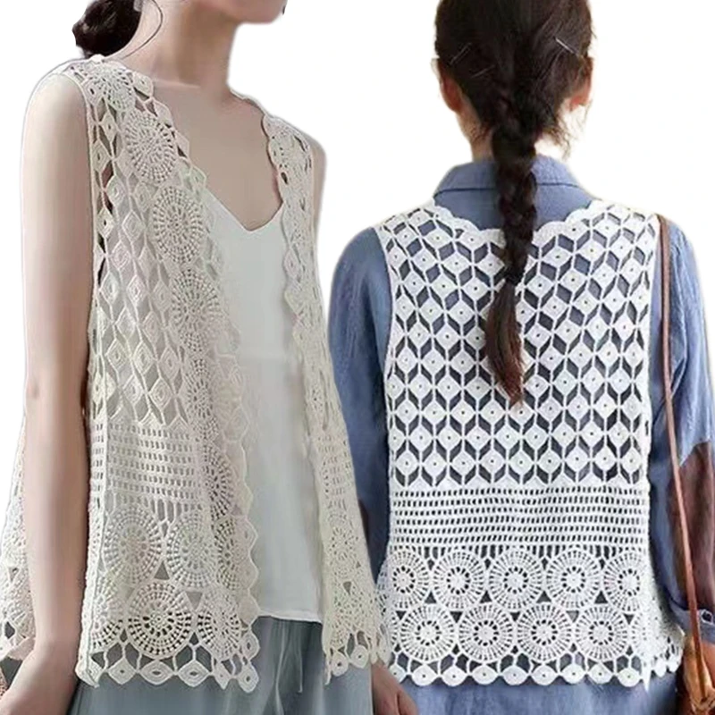 Damen-Hippie-Boho-Häkelweste, ärmellose Weste, vorne offen, Spitzen-Cardigan, geometrischer Diamant-Kreis, Strand-Cover-Up-Weste