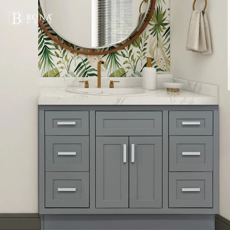 خزانة حمام مطلية بالخشب الصلب الريفي، مجموعة خزانة حوض غسيل أرضية من السيراميك #4