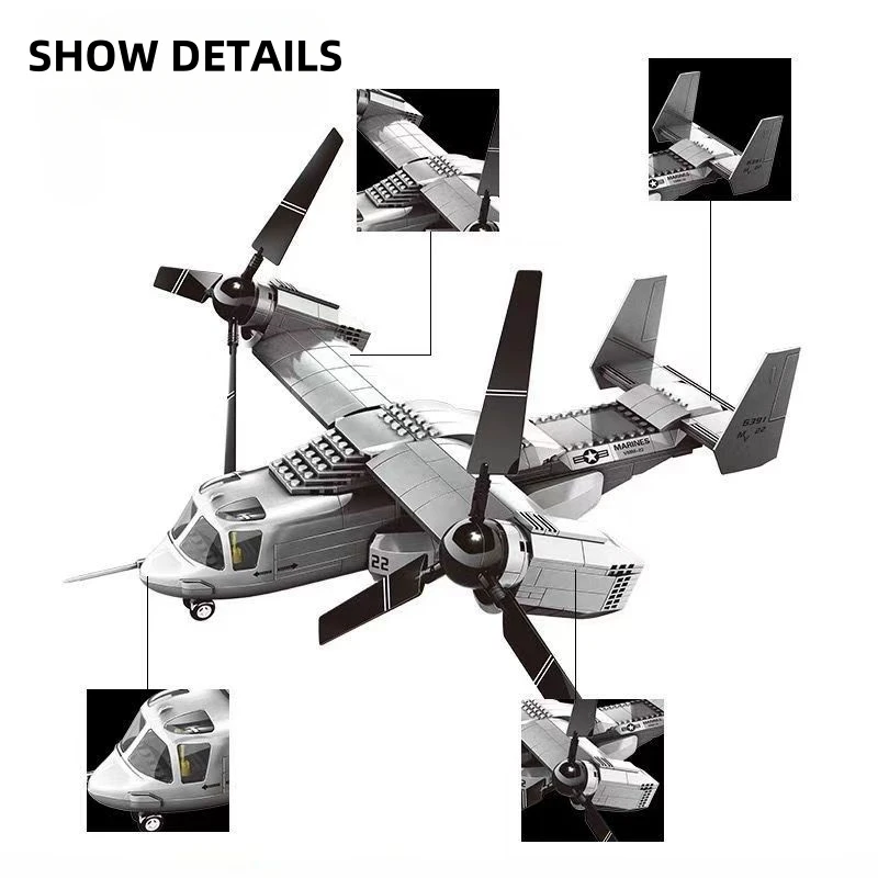460PCS Blocks VMM-22 1/44 Aircraft Bomber Fighter Building Blocks Classic Construction Educational Toys Fighter Assembly Toys