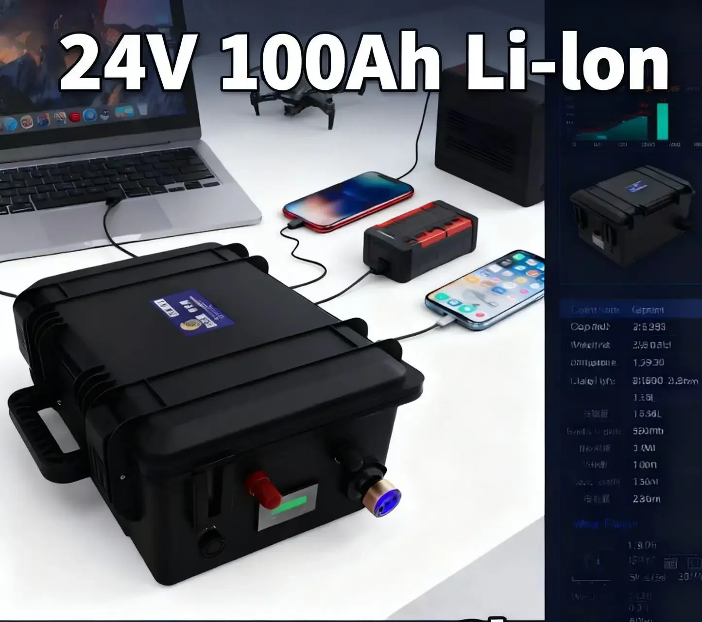 24V 100Ah Lithium Ion Battery Pack with BMS for Solar Energy Storage High Efficiency Deep Cycle Golf Cart RV Camping Equipment