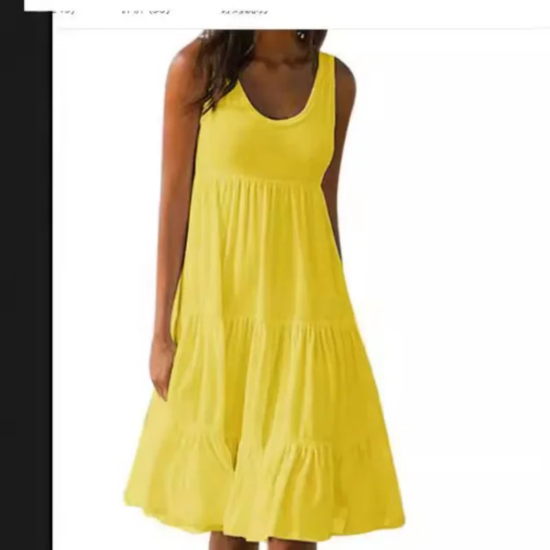 Vestido casual de mujer bohemio sin mangas con escote redondo y volantes, color liso, estilo playero, holgado y suelto, talla plus para mujer 3029 4