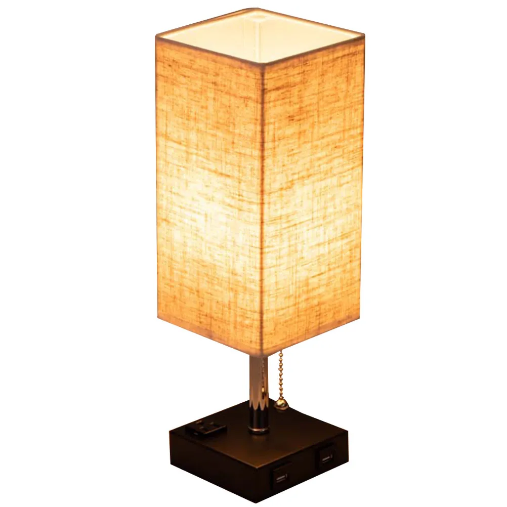 布製ランプシェード付きデスクランプ-デュアルusbポート-3ピンコンセント付き-ベッドサイドテーブルランプ-寝室-リビングルーム-ホームデコレーション用