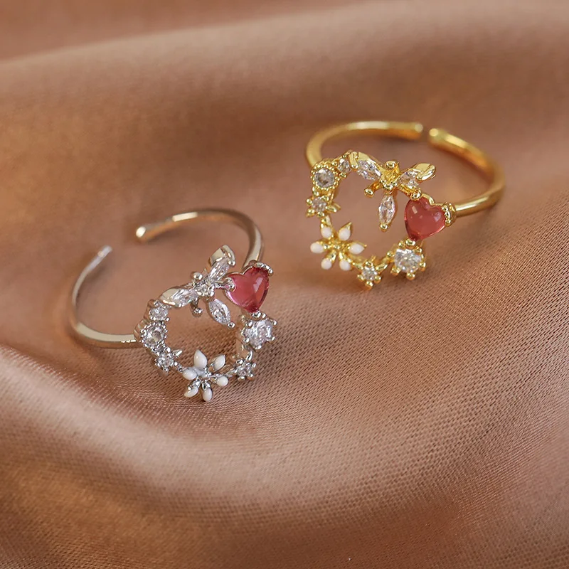 Ring Open White Enamel Zircon Floral Wreath Sweet Elegant Unique Versatile Lightweight Comfortable Premium for Women Daily Party