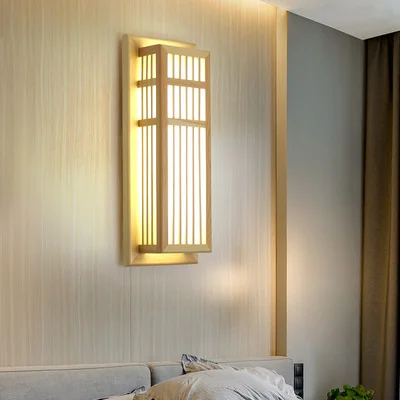 Japanese Tatami Style 8-12W LED Rubber Wood Frame LED Wall Lights With PVC Shade For Bedroom Bedside Lamp