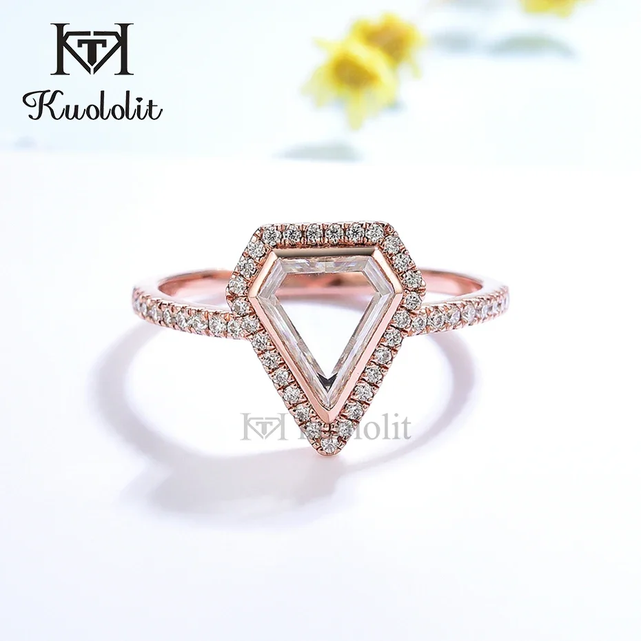 Kuololit Moissanite Ring for Women Solid 585 14K Rose Gold Lozenge Diamond Cut Portrait  Ring for Engagement Christmas Gift