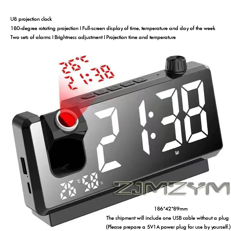 Smart Rechargeable Alarm Clock Ceiling Projection HD LED Digital Display Temperature Sensor 180° Adjustable Night Light for Bed