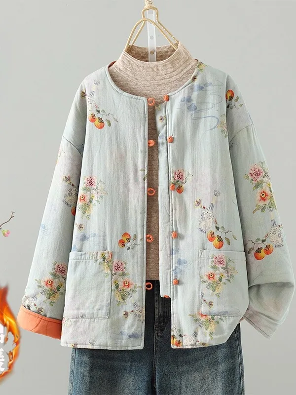 

Новое китайское хлопково-льняное пальто на пуговицах с художественным принтом, женское зимнее пальто, теплое свободное универсальное двустороннее хлопковое пальто...