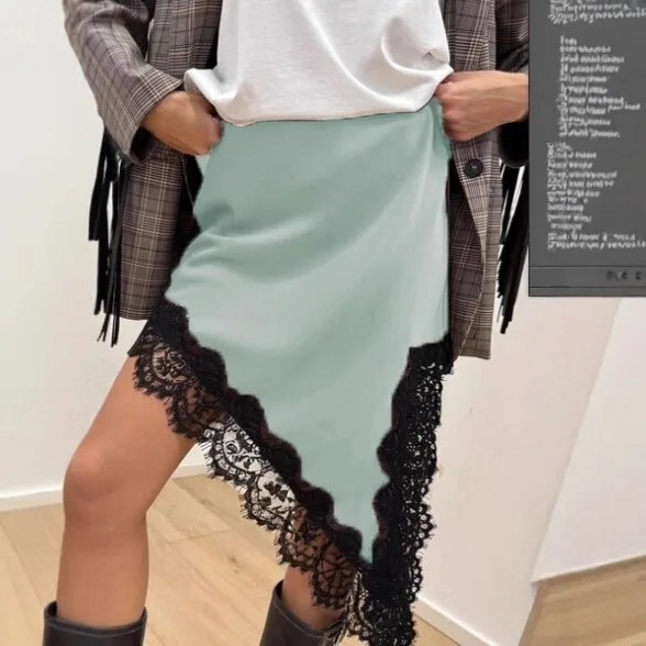 Spódnica damska na jesień 2025, elegancka, z koronkowymi wstawkami, podkreślająca talię, o średniej długości, idealna na imprezy, na co dzień i na ulicę.
