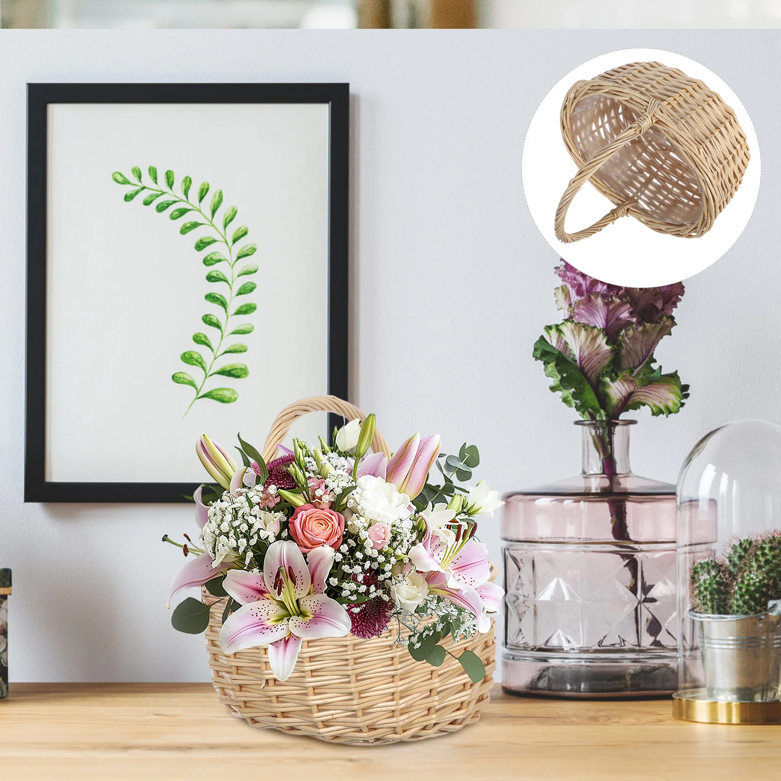 

Rustic Wicker Handmade Vintage Flower Portable Picnic Gift Fruit Vegetable Organizer Natural Boho Decorative Home Party White