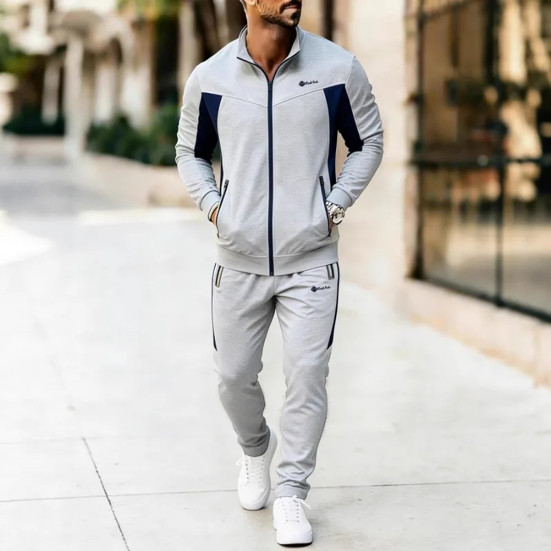 American Style Men Stand Collar Colorblock Tracksuit Zip Jacket Side Stripe Jogger Pants Two Piece Casual Sports Outfit S-5XL