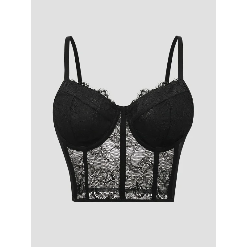 

Black Lace Corset Crop Top with Fishbone Underwire -, Backless, Sheer Floral Print, Summer Fashion Women
