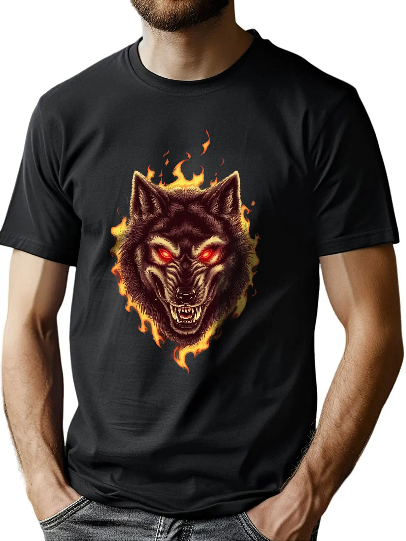 

Men's Fiery Wolf Love Safety Freedom Print Crew-Neck Tee Premium Cotton Relaxed Fit Machine Washable Outdoors Wear Fathers Day G