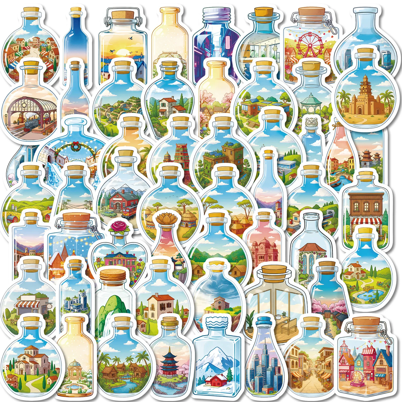 10/56PCS World in a Bottle Cartoon Stickers Architectural Landscape Graffiti Decoration DIY Toys Laptop Guitar Car Bike Decals