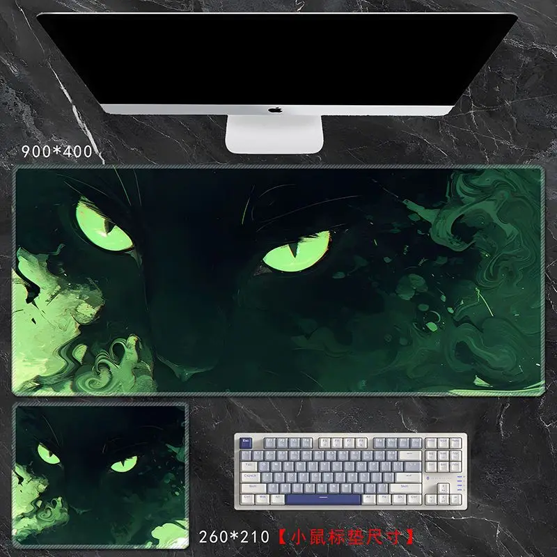 ミニマリスト美的猫大型マウスパッド - XXL 厚いデスクマット オフィス用、ブラックキャットキーボードカバー ラップトップ用 (滑り止め)