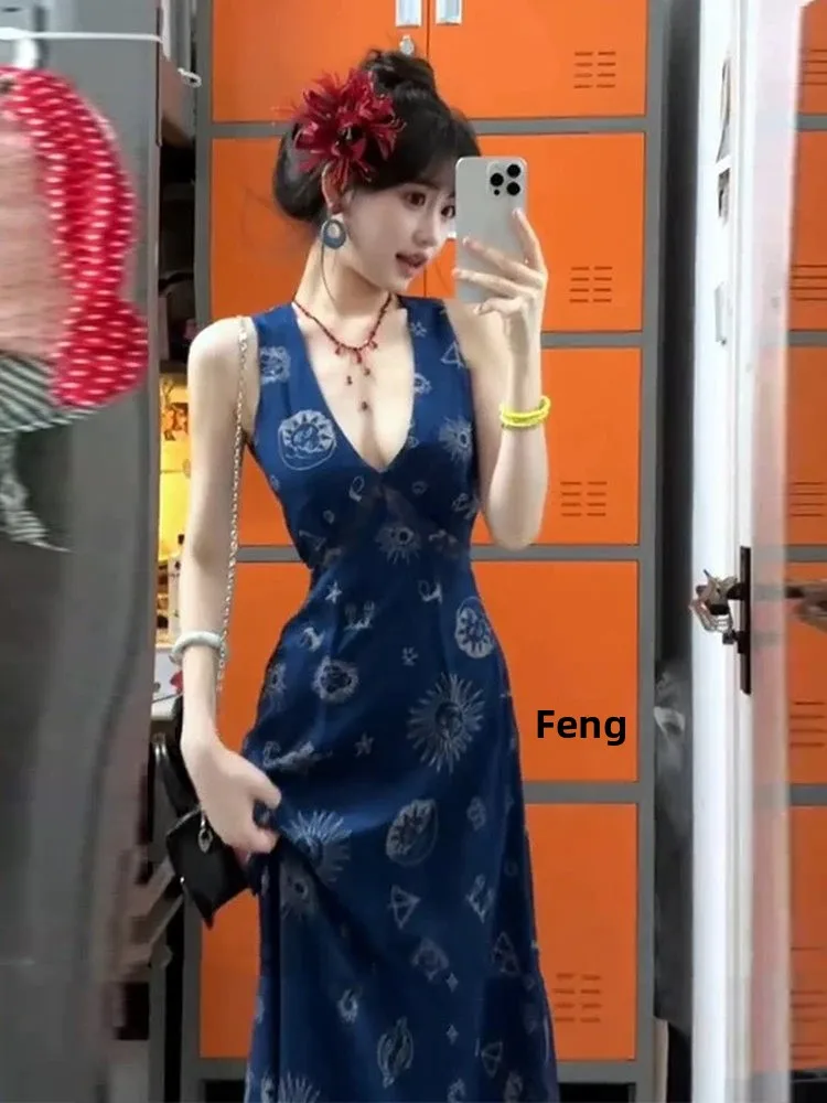 

Retro V-Neck Vest Dress Women's Summer Blue Floral Skirt Slimming Long Neck Hanging Dress Korean Style High Waist A-Line Skirt