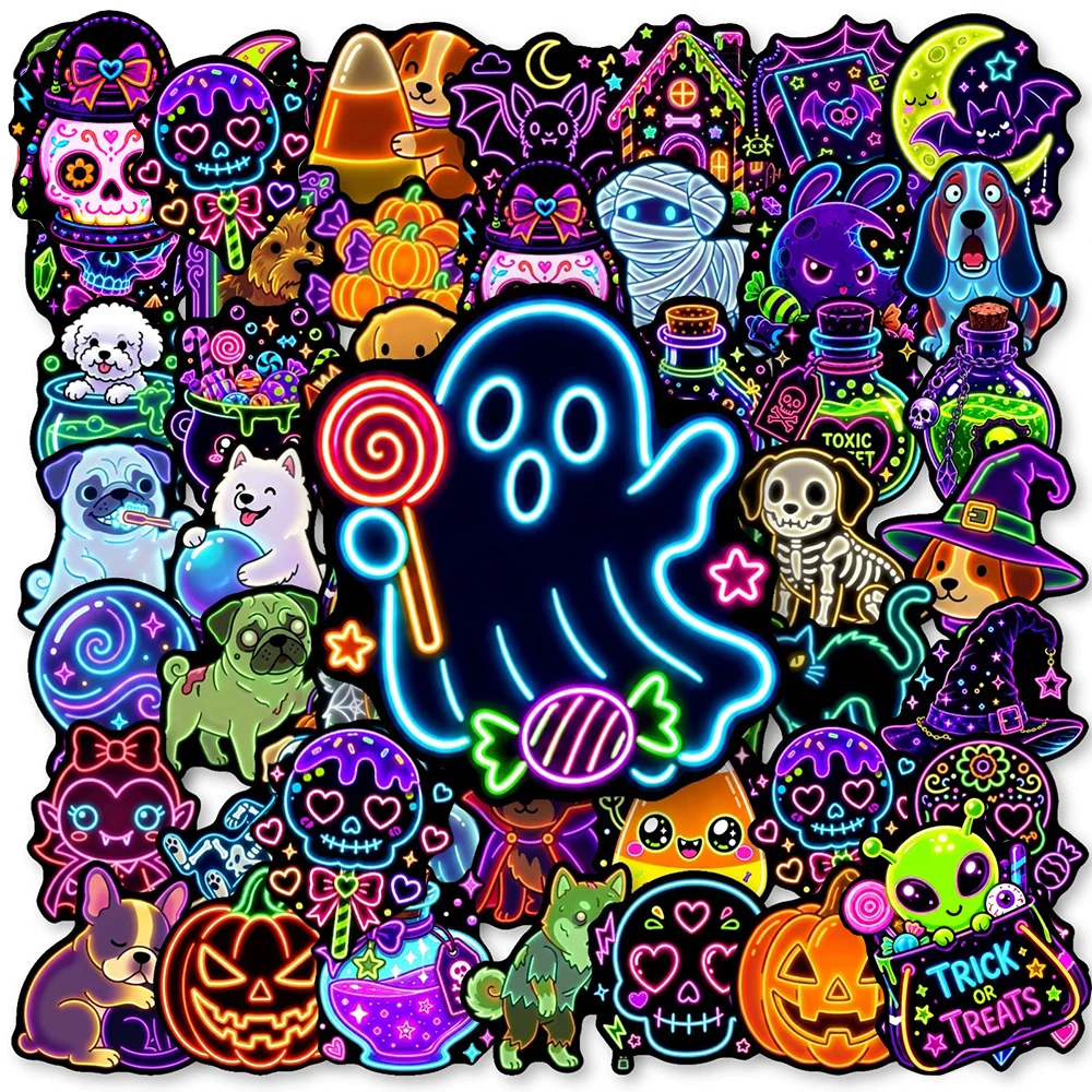 10/30/50pcs Neon Light Halloween Graffiti Stickers Funny Cartoon Skull Animal Dog Decals Skateboard Phone Notebook Sticker Pack