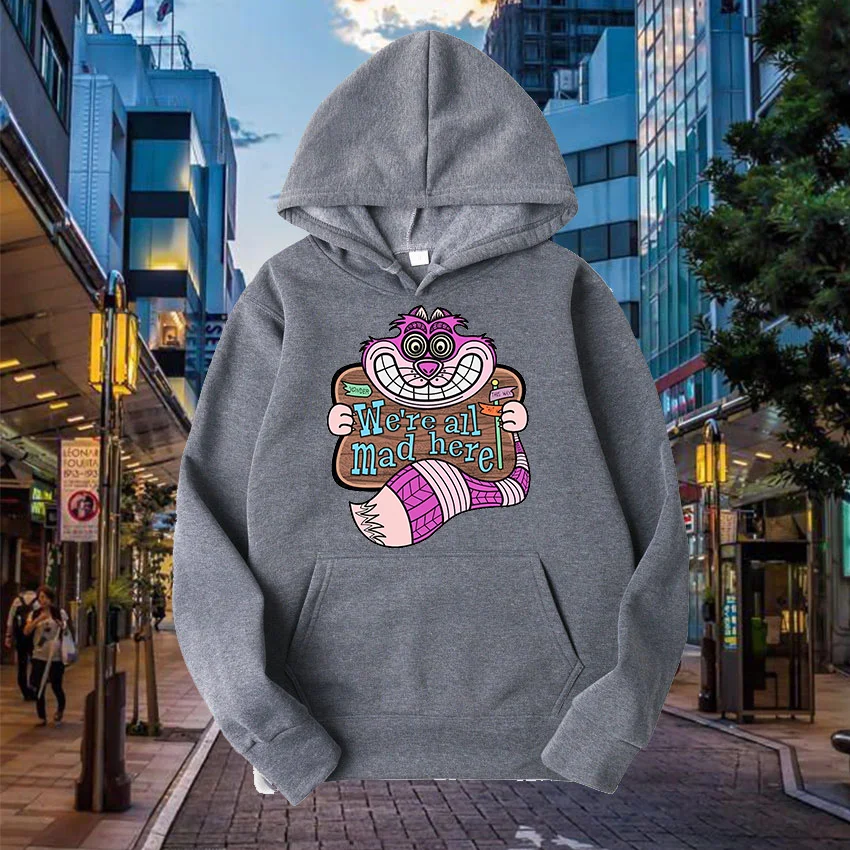 Sudaderas con capucha con estampado de gato de Cheshire de Disney para hombres y mujeres, sudaderas con capucha populares de Alicia en el país de