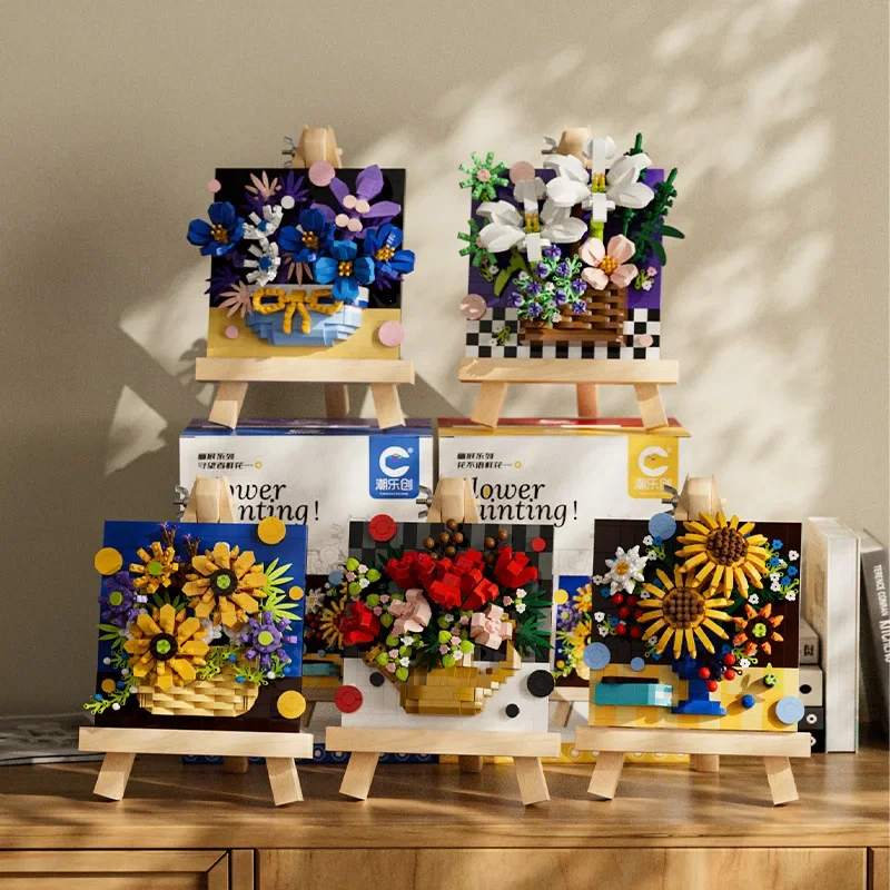 Creative Painting Bouquet Micro Building Blocks Flower Sunflower DIY 3D Model Picture Home Decoration Mini Bricks Toys Gift