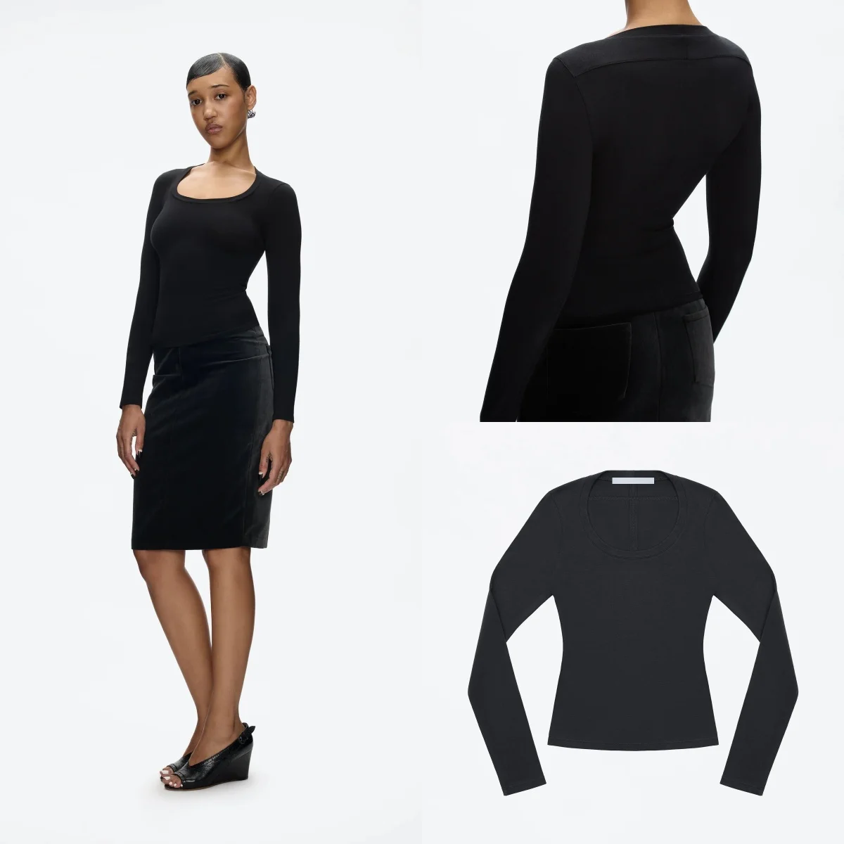 

Tank Simple and Sophisticated Black U-Neck Long-Sleeve Slim-Fit T-Shirt, Slimming and Versatile for Commuting and Everyday Wear, Textured Top, Autumn and Winter Warm Set, Knitted Base Layer