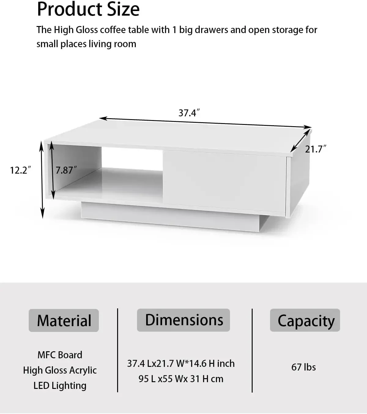 LED Coffee Table with 1 Storage Drawer,High Glossy Center Table with 16 Colors LED Lights,Modern Coffee Table for Living Room