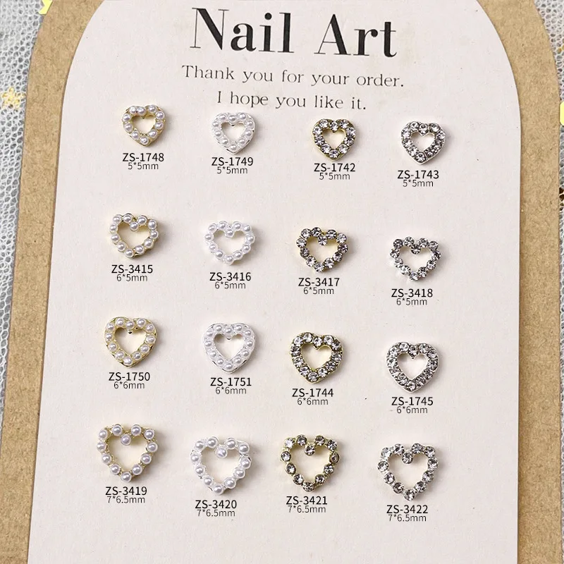 10PCS Sparkle Diamonds Pearls Inlaid Hollow Love Heart Frame Alloy Nail Art Rhinestones Jewel Decorations Manicure Ornaments