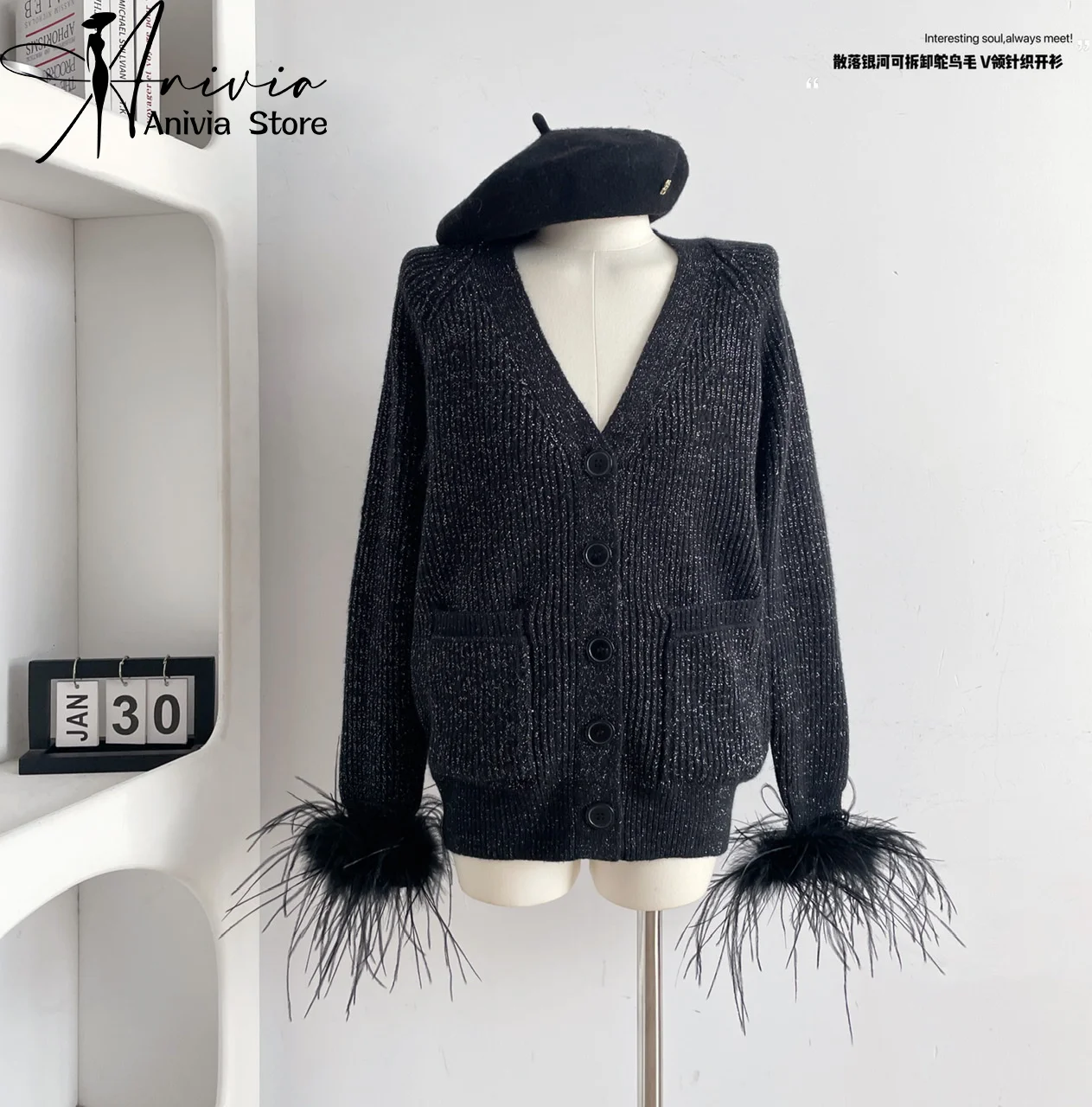 Women's Autumn/Winter V-neck Single breasted Black Sweater Fashionable and Elegant Long sleeved Fur Cuff Y2K Sweater Coat Top