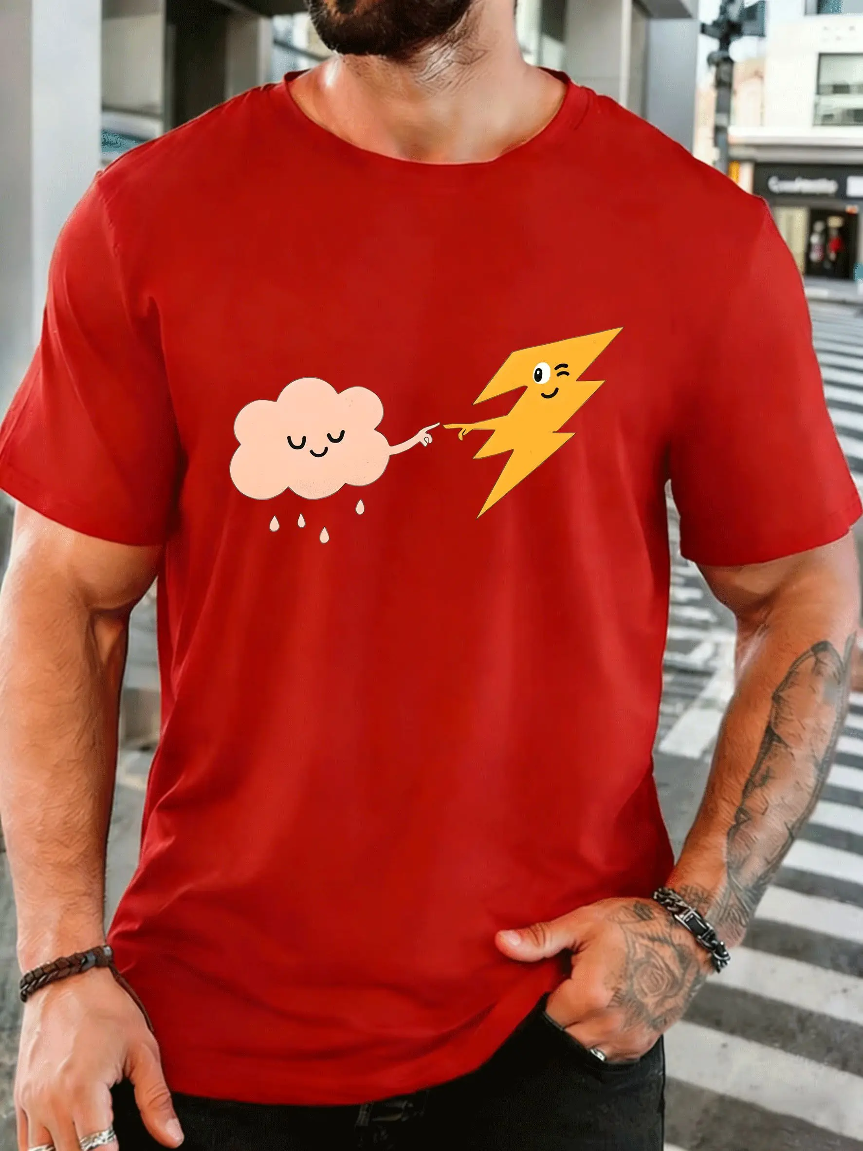 Cute Cloud Lightning Touch Fingers Mens Front Print T Shirt Cartoon Weather Graphic Tee Casual Short Sleeve Top Funny Mens Gift