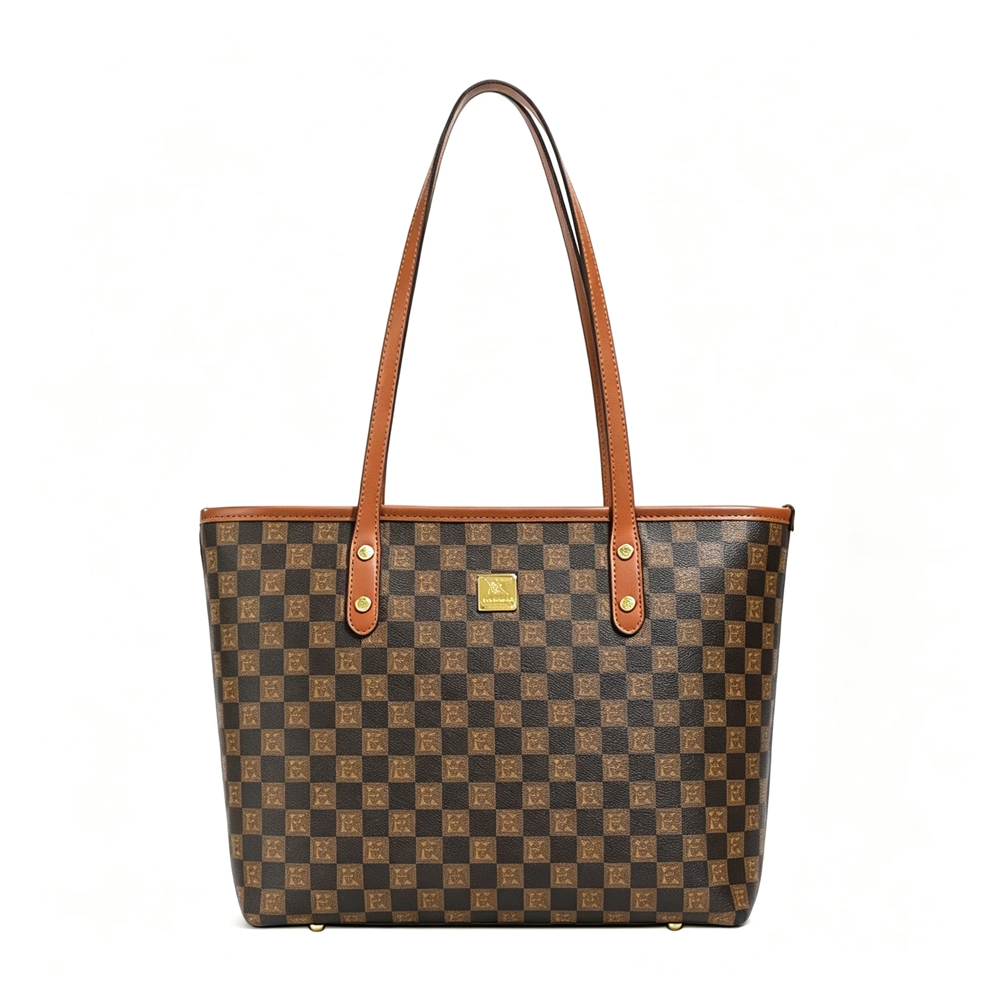 Khaki Brown Checkered Large Capacity Tote Bag PU Leather Shoulder Handbag Fashion Casual Commute Shopping Tartan Plaid For Women