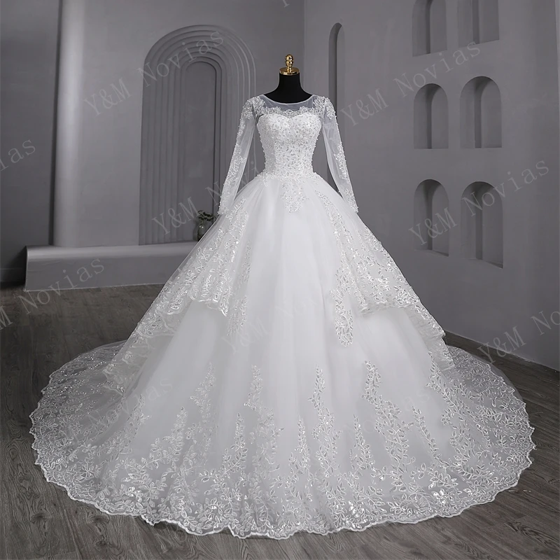 Luxury Sequined Ball Gown Full Sleeve White Wedding Dress Sweet  2 Layres Train Vintage Custom Color Plus Size For Women Bridal