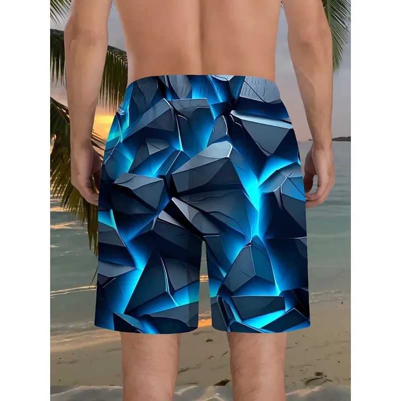 Men's 3D Geometric Print Beach Shorts Casual Polyester Drawstring Waist Lightweight Summer Swim Trunks for Golf Fishing