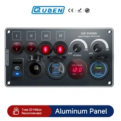 Toggle Switch Multi-Functions Aluminum Panel LED Dimmer Switch 12V 24V for RV Dual Port USB QC3.0 Cigarette Lighter