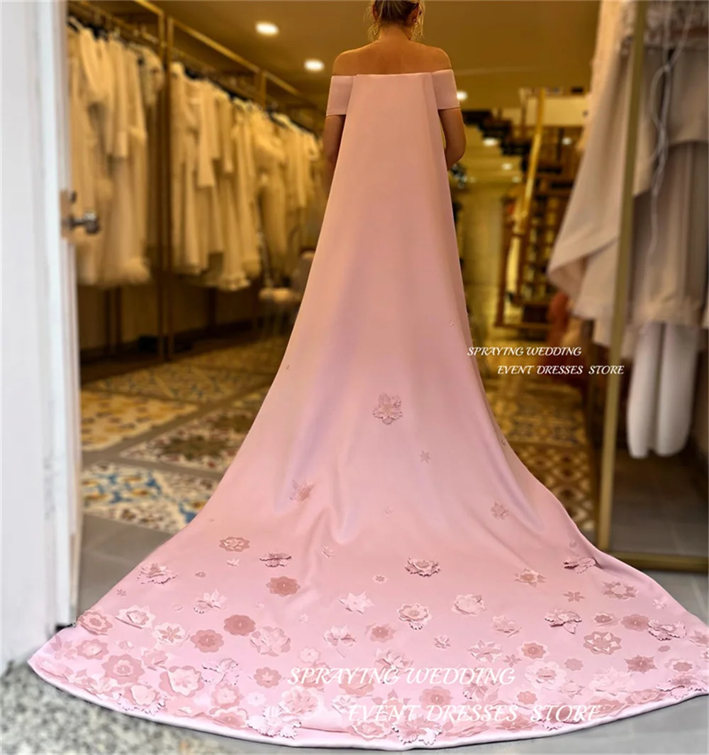 SPRAYING Exquisite Pink A-line Wedding Dress Photo Shoot  Chapel Train Boat Neck Bateau Off the Shoulder Handmade Flowers