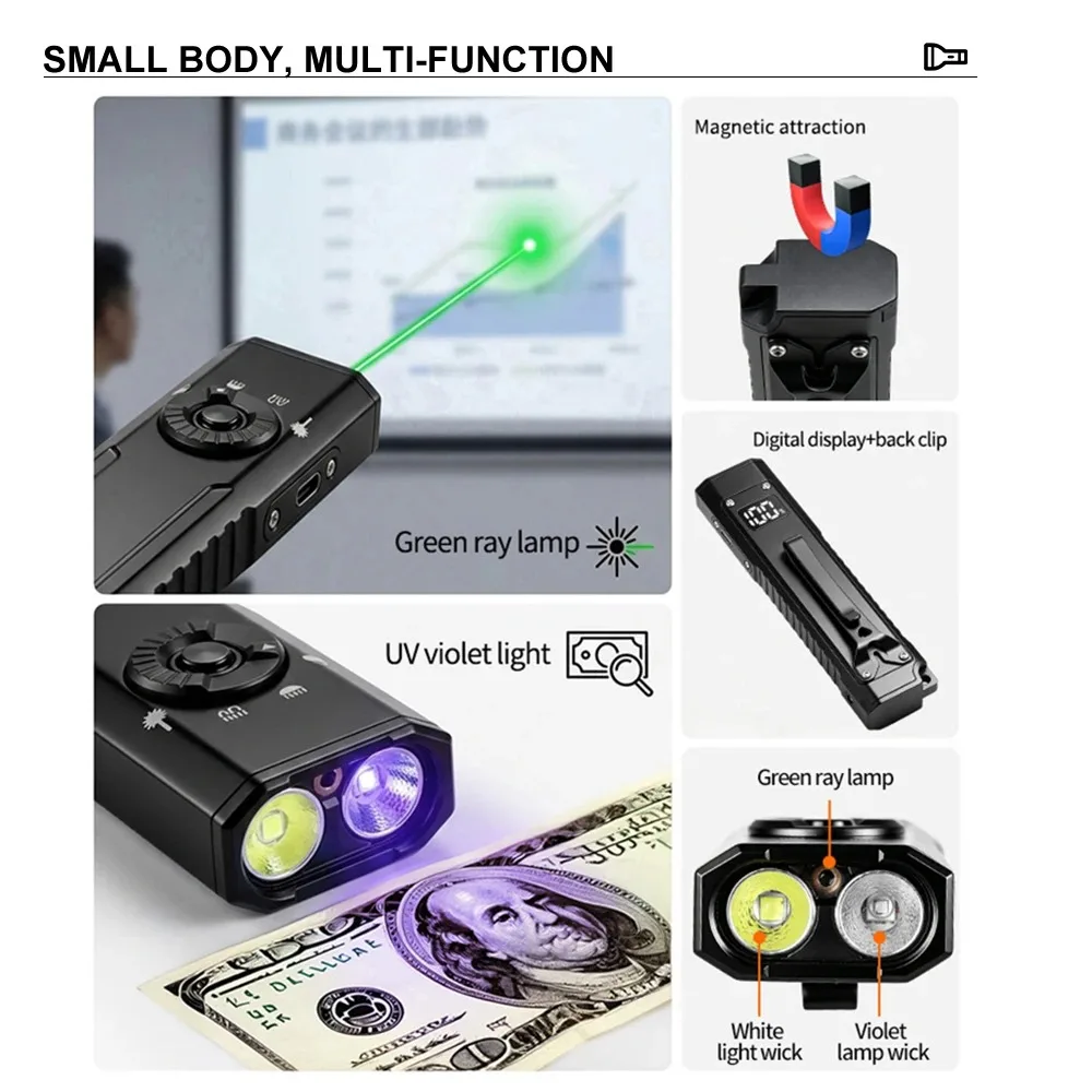 Portable EDC Multi Bright Flashlight 395nm UV Dual Light Source Waterproof Pocket Clip Torch for Daily Carry Outdoor Inspection