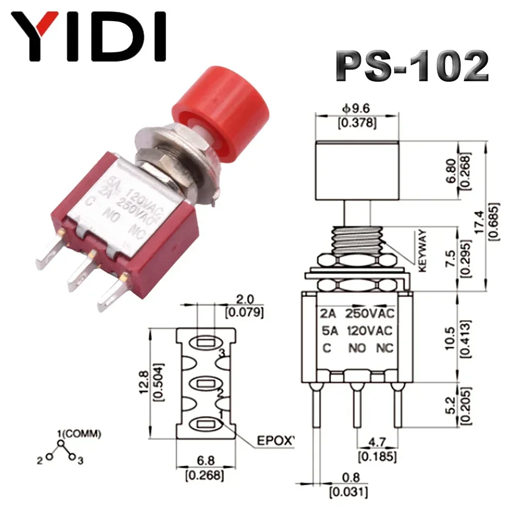 5pcs 10pcs PS-102 202 Mini 6mm 3pin 6pin SPDT DPDT Momentary Push Button Switch 2A 250VAC 5A 120VAC Toggle Switch with Red Cap