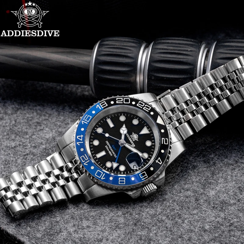ADDIESDIVE Luxury Men GMT Watch 40mm Swiss Ronda 515-24H Business Quartz Wristwatch Waterproof 200m Stainless Steel Luminous