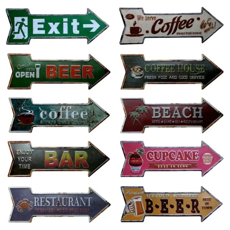 Irregular Arrow Shape Tin Sign Metal Plate Indicator for Home Decoration Shabby Rusty Wall Sign Cafe Bar Pin Up Decor Plaques