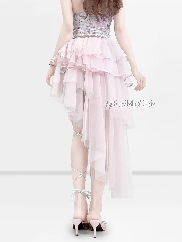 ladies pink tutu dress Women's Skirt Fairycore Asymmetrical Midi Pink
