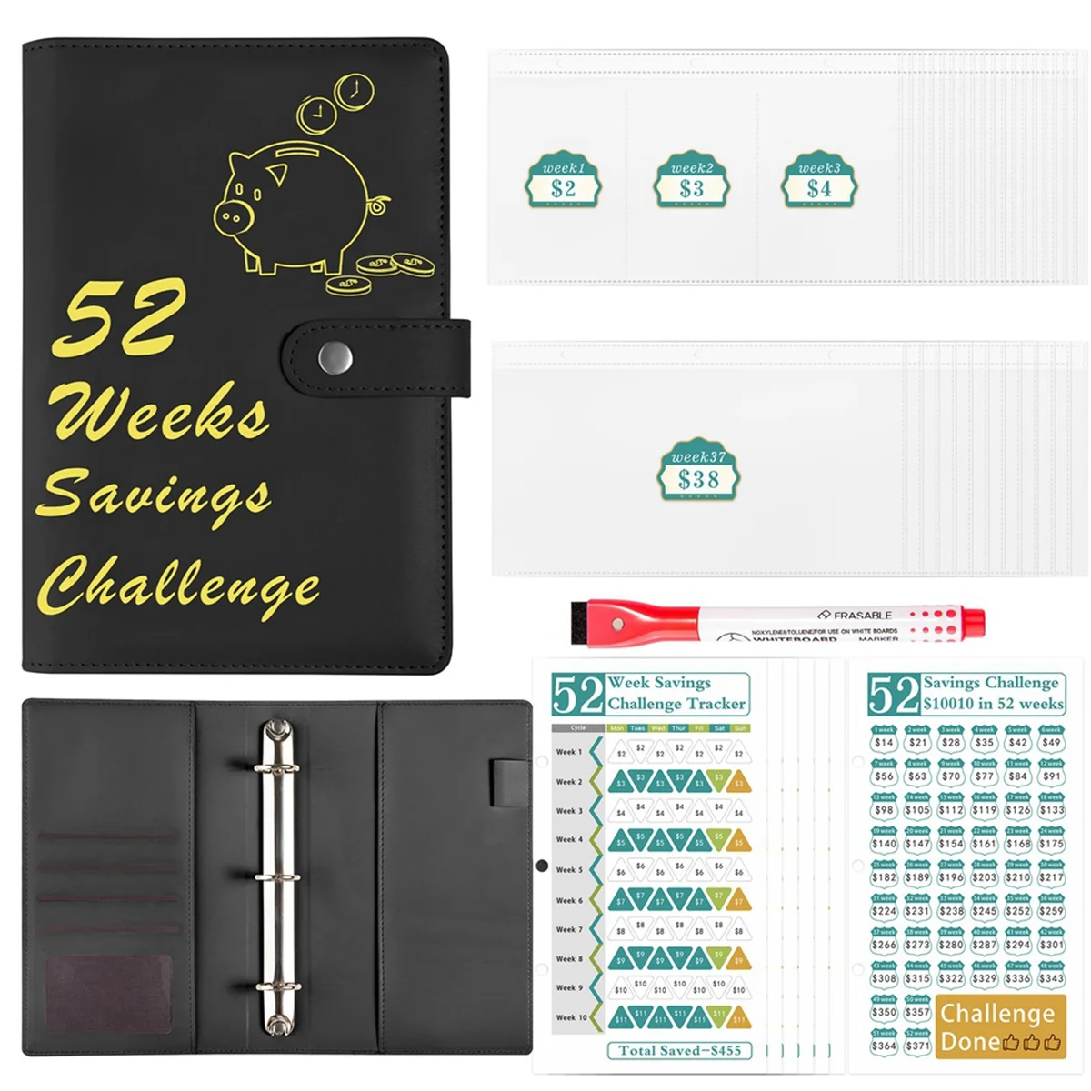 JUF-52 Week Money Saving Challenge Binder with Savings Challenges Book Cash Envelopes for Budget Planner Financial