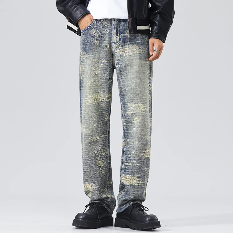 Trendy straight loose American retro casual wide leg pants men jeans for men denim baggy jeans scratched ripped jeans