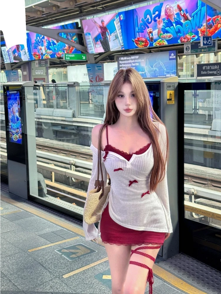 Y2k Sexy Slim 2 Piece Dress Sets Bow Casual Sweet Long Sleeve Tops + 2000S Elegant Strap Dress Short Party Dress Vintage Suits