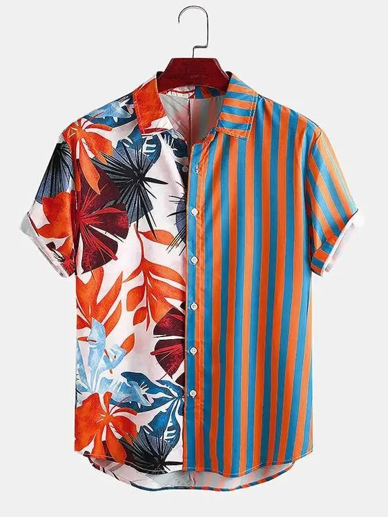 

Летняя мужская рубашка свободного кроя из полиэстера с принтом в полоску и цветными блоками, в гавайском стиле, для отдыха, коллекция 2025 года
