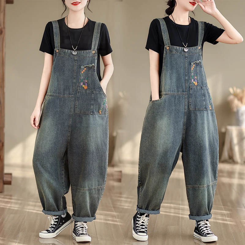 

Aricaca High Quality M-2XL Casual Flower Embroidered Denim Jumpsuits Women Fashion Loose Jeans with Big Pockets