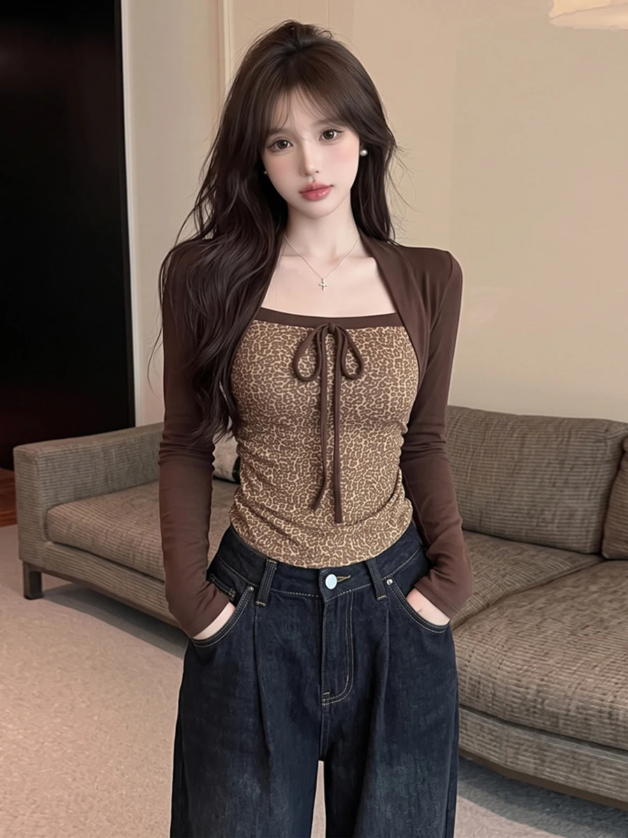 Early Autumn Korean Style Slim Fit Long Sleeve T-Shirt Leopard Print Base Layer Top with Shoulder Design False Two-Piece