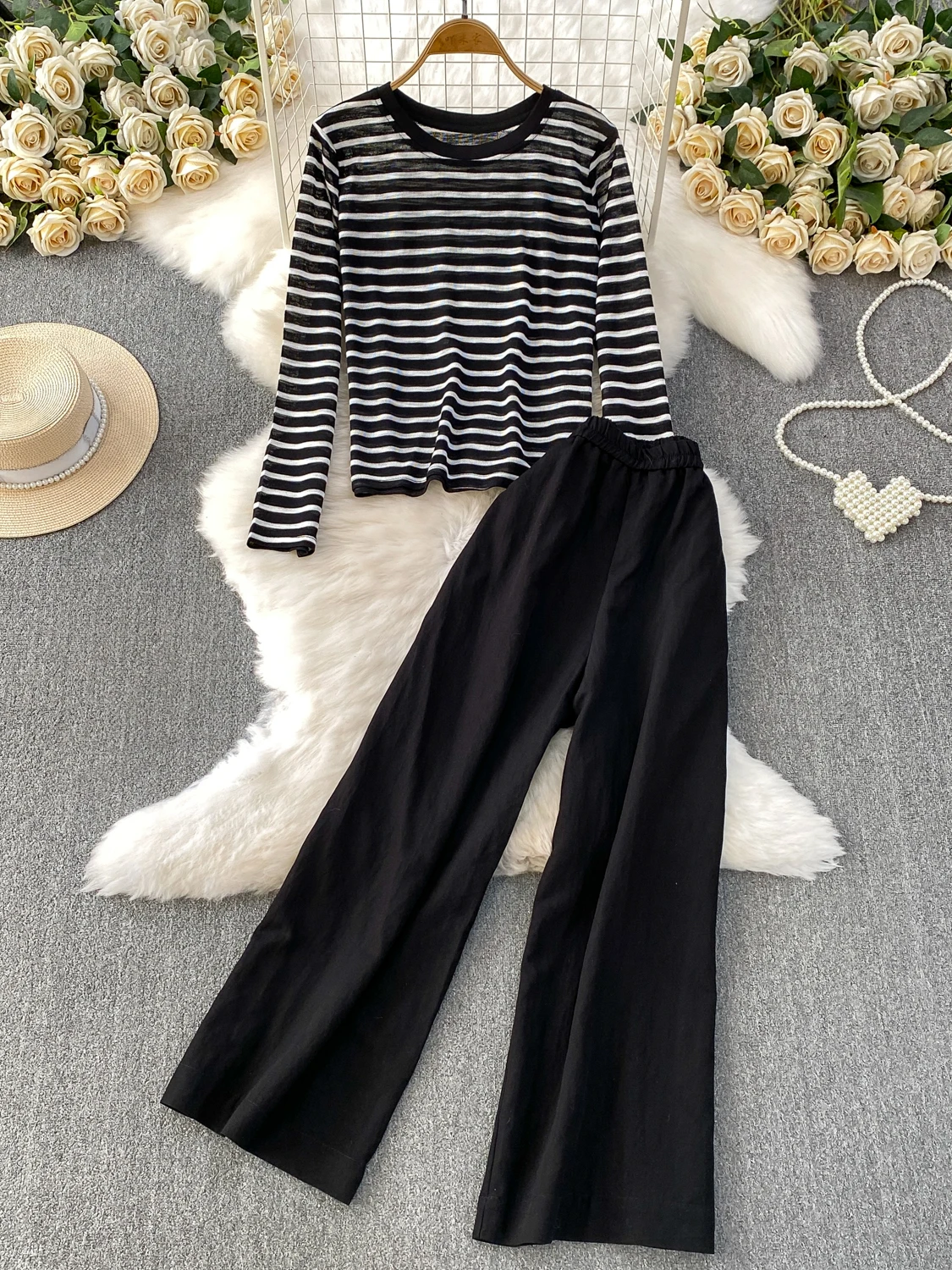 Faionable Koreaanse Sle Dames Gebreide Set Ronde Ne T-shirt En Hoge Taille Wijde Pijpen Broek Gestreept Casual Loose Fit pak