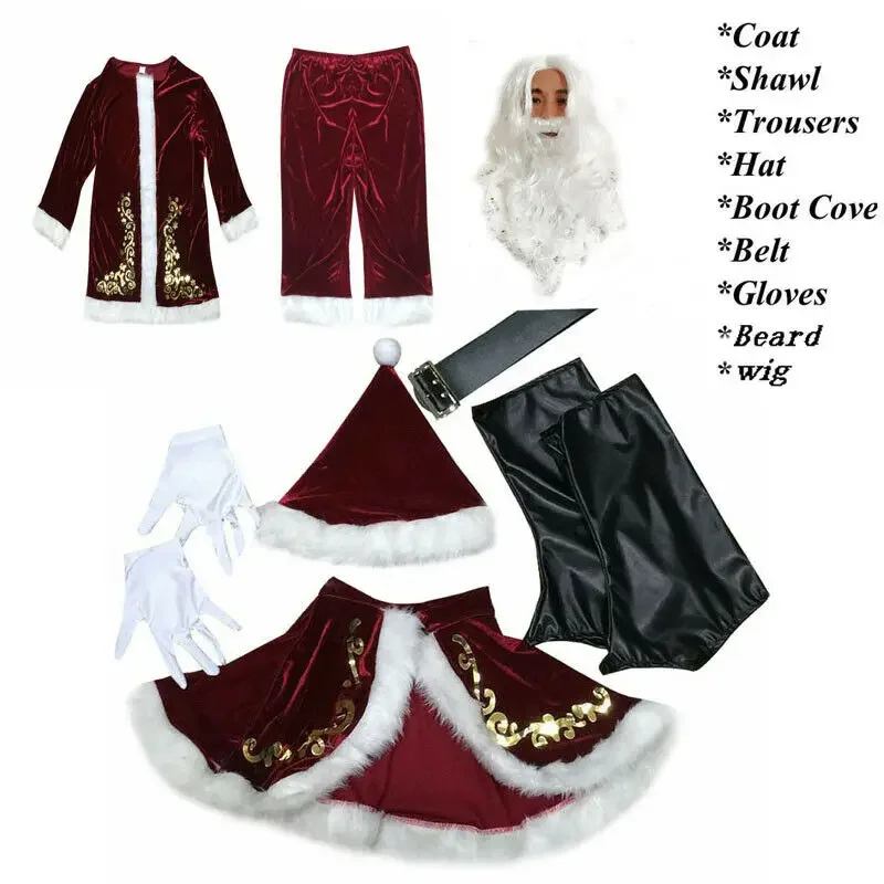 Adults 8pcs Men Christmas Santa Claus Suit Costume Cosplay Clothes Fancy Long Sleeve Christmas Suit