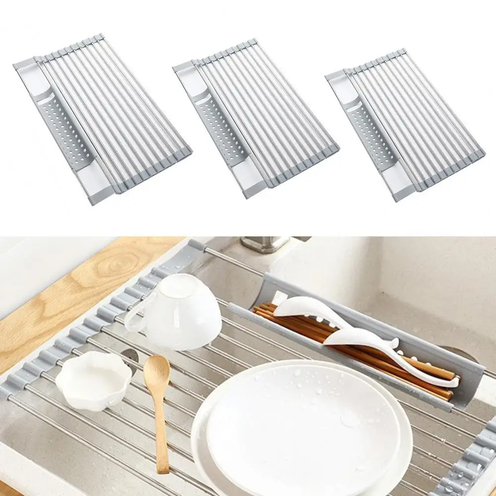 Dish Drying Rack Non-slip Silicone PadHeat-Resistant Roll-Up Drainage Sorting Tray Collapsible Kitchen Sink Utensils Drain Rack