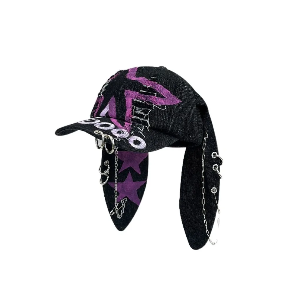 

Dark Color Rabbit Ears Baseball Cap Denim Ripped Design Street Wear Baseball Cap Adjustable Metal Ring Cap Fashion Statement