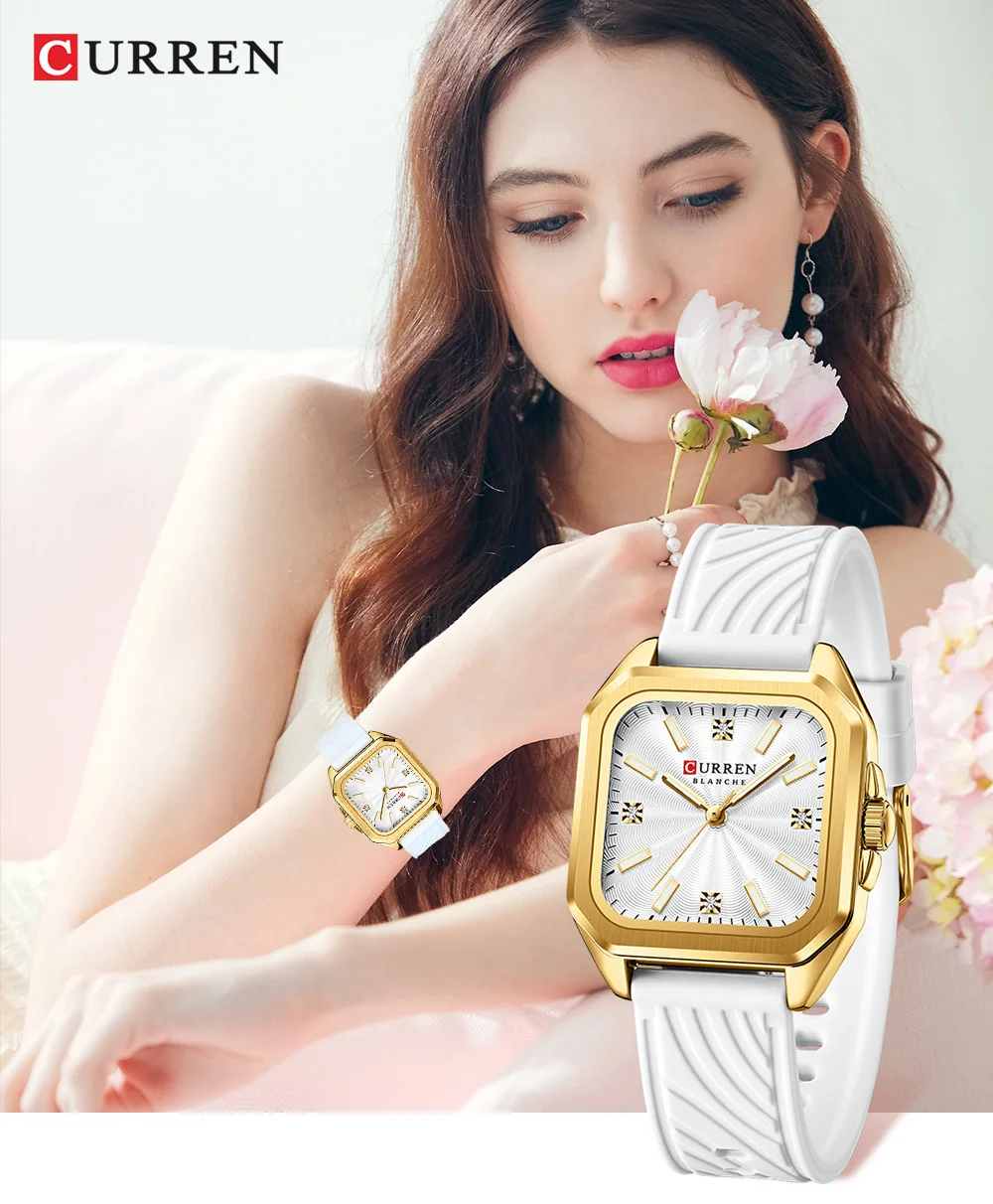 CURREN Elegante Schlichte Damenuhr Luxuriöses Quadratisches Zifferblatt Silikonarmband mit Leuchtzeigern Neue Quarz-Armbanduhr – Detail 1