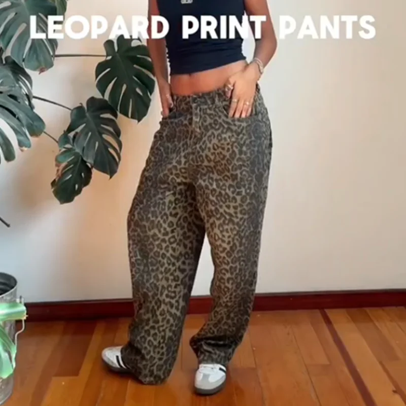 

American Retro High Street Casual Leopard Print Loose Wide Leg Pants for Women Y2k Hip-hop Cargo Grunge Plus Size Baggy Trousers